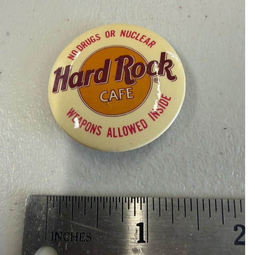 Hard Rock Cafe Vintage Pin No Drugs or Nuclear Weapons Allowed Button Logo 1.25"